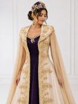 Ekru Taş İşlemeli Pelerinli Bindallı Kaftan Takımı