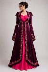 Mürdüm Fuşya İşlemeli Bindallı Kaftan
